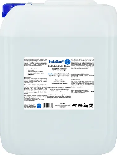 InduSan Reinigungskonzentrat 20 Liter Kanister - Allzweckreiniger für Profi-Anwendungen, löst mühelos hartnäckige Verschmutzungen auf wasserfesten Flächen, 50-fach verdünnbar für optimalen Reinigungserfolg.