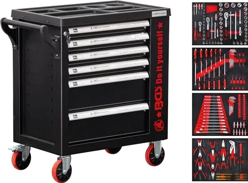 BGS Diy 6055 Werkstattwagen mit 158 Werkzeugen - Werkzeugschrank mit 6 Schubladen, 1 abschließbarer Seitentür und 158 hochwertigen Werkzeugen, ideal für Profi- und Hobbywerkstätten.