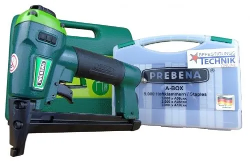 Prebena Klammernagler 1XR-A16 mit A-Box - Tacker für Heftklammern 4-16mm, ideal für Polsterarbeiten und Dekorationen. Inklusive 3.000 Heftklammern für sofortigen Einsatz.