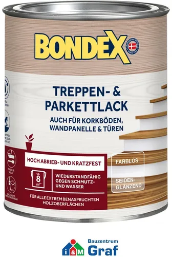 BONDEX Treppen & Parkett Lack seidenglänzend 0,75 L - Lack für Parkett und Treppen mit seidenglänzendem Finish, schützt vor Abnutzung und verleiht einen eleganten Look.