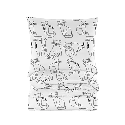 Cotton Market Bettwäsche 200x200 cm - Bettwäsche Baumwoll-Mikrofaser - Bettwäsche-Sets 3 Teilig - Bettbezug 200x200 cm und 2 Kissenbezug 70x80 cm - Weiß, Katzen