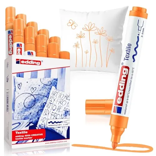 edding 4500 Textilmarker - Neon-Orange, 10 Stück - Schreibutensilien für waschfeste Textilkunst auf Baumwolle, Seide & Leinen. Rundspitze 2-3 mm, ideal zum Ausmalen. Waschmaschinenfest bis 60 °C und in 20 Farben erhältlich!