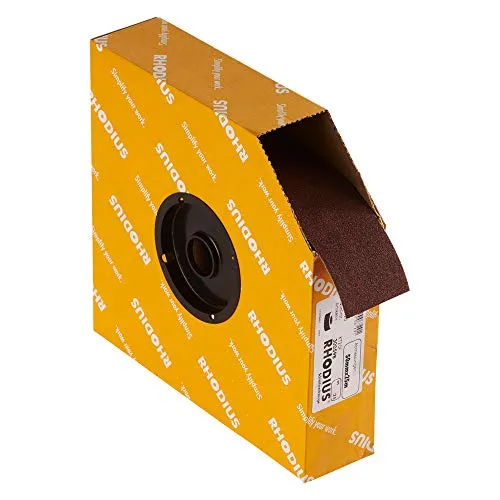 Rhodius Schleifgeweberolle SPBR 50x25000mm - Korn 120 - Zubehör für Elektrowerkzeug, ideal für Edelstahl, Stahl und Holz. Langlebige Kunstharzbindung und flexibles J-FLEX Baumwollgewebe ermöglichen hohen Materialabtrag und optimale Anpassung an Werkstücke.