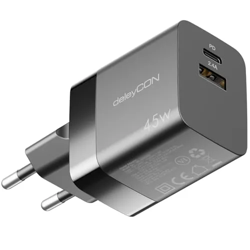 deleyCON Ladegerät USB A und C (2 Port - Kompaktes 45W Schnellladegerät) Netzteil für iPhone 17/16/15/14/13 Galaxy S25/S24/S23 Pixel Handy iPad Tablet MacBook Laptop Notebook USB Charger - Schwarz