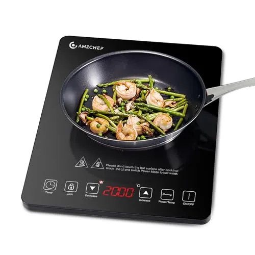 AMZCHEF Induktionskochplatte 2000W - Kochfelder: Ultradünnes, tragbares Design für einfache Handhabung und Aufbewahrung, mit 20 Leistungs- und Temperatureinstellungen für präzises Kochen.
