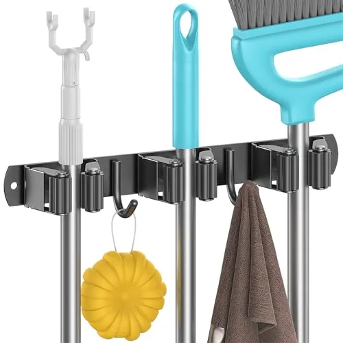 Juspota Besenhalterung Wand selbstklebend, Wandhalterung Besen mit 3 Halter und 2 Haken, Edelstahl Besenhalter Gerätehalter Schraubbar, Gartengerätehalter, Besen Mop Halter ohne Bohren, Schwarz