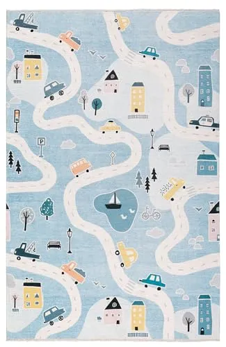 Blauer Spielteppich mit Straßen und Autos – 195 x 280 cm - Teppich für Baby- & Kleinkinderzimmer: Waschbar, rutschfest und ideal für kreativen Spielspaß mit Autos und Booten – sorgt für Sicherheit und Komfort beim Spielen.