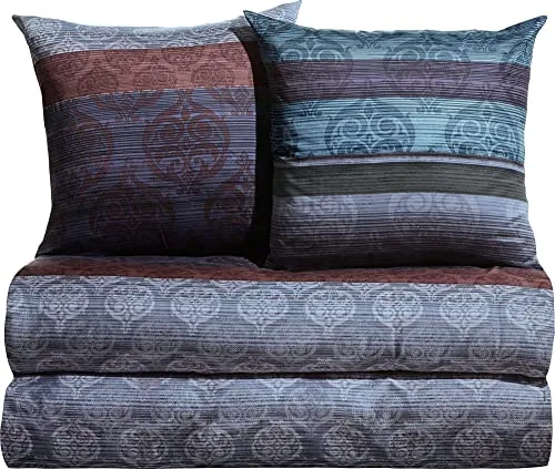 Erwin Müller Bettwäsche, Bettgarnitur 4-TLG. Sparpaket Mako-Satin Ornamente blau-braun-violett Größe 80x80 cm / 155x200 cm - feinste Baumwolle, angenehmes Schlafklima, mit Reißverschluss