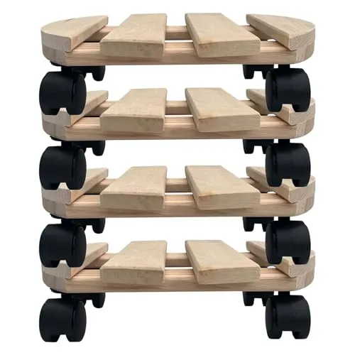 4x Pflanzroller rund 30x30 cm aus Buchenholz - Tragkraft 120 kg - Gefäßroller für schwere Blumentöpfe und Möbel, stabil und robust mit 4 Lenkrollen für müheloses Bewegen im Innen- und Außenbereich.