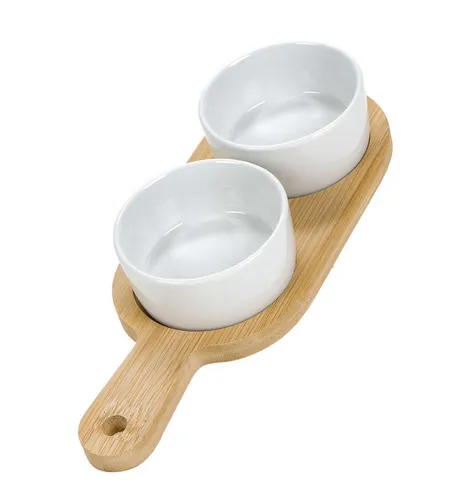 Bubble-Store Tapas-Schale 3-tlg. Set aus Keramik und Bambus - Das stilvolle 3-teilige Tapas-Set aus Keramik und Bambus eignet sich perfekt für die ansprechende Präsentation von Snacks und Dips. Ideal für gesellige Abende oder als dekoratives Element auf Buffets.