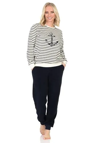 Normann Damen Frottee Schlafanzug in maritimer Optik - Kuscheliger Damen Pyjama in maritimer Optik mit Anker-Motiv. Ideal für kühle Nächte, bietet Wärme und Komfort. Hergestellt nach Ökotex-Standard 100, somit schadstofffrei und waschbar bei 60 Grad.