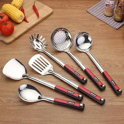 Abcsea 6-teiliges Kochbesteck Set, Kochlöffel, Küchenspatel, Wender, Geschlitzter Löffel - Edelstahl Kochset