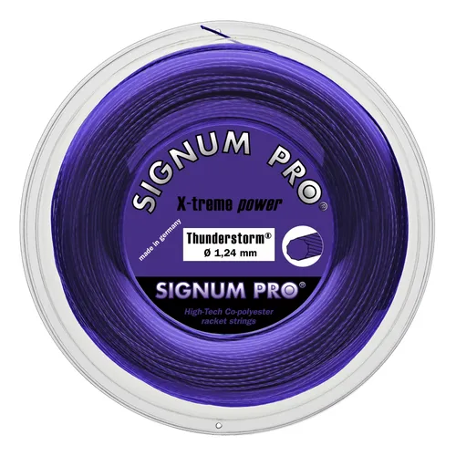 Signum Pro Thunderstorm Tennissaite 200m Rolle - violett, 1.30mm - Tennissaiten in 1.30mm, ideal für Haltbarkeit und Kontrolle. Die violette Co-Polyestersaite bietet ausgezeichneten Drall und Spielkomfort, perfekt für ambitionierte Spieler.