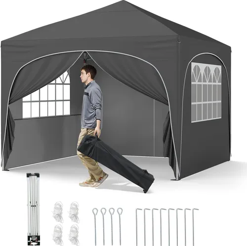 GOPLUS 3 x 3 m Pop-up-Pavillon mit 4 Seitenwänden - Faltpavillon für Garten und Events: Mit 4 abnehmbaren Seitenwänden für individuelle Anpassung. Stabil durch Sandsäcke und robuste Materialien, ideal für Picknicks und Feiern.