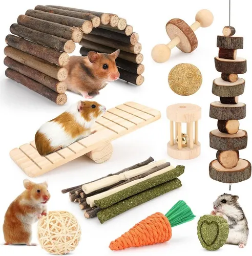 Kleintier Spielzeug Set für Hamster, Meerschweinchen und mehr - Vielfältiges Spielzeugset für kleine Nager: Fördert aktives Spielen und Kauen mit natürlichen Materialien. Ideal zur Beschäftigung und Zahnpflege für Hamster, Meerschweinchen und Rennmäuse.