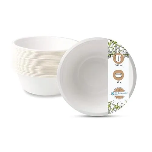 BIOZOYG Einwegschalen 50 Stück 500 ml Ø 15 cm weiß - Suppenteller aus Zuckerrohr Partygeschirr Einwegteller Suppenschalen - Bowl Pastateller, tiefe Teller stabil