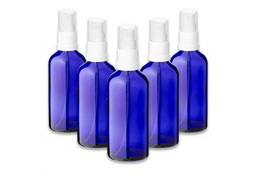 CK Verpackung GmbH Pipettenflasche 5x Blaue Glasflasche 100 ml mit weißem Zerstäuber Sprükopf Pumpspray