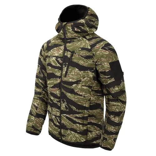 Helikon-Tex Taktische Feldjacke Wolfhound Hoodie - Outdoorjacke mit Kapuze und 4 Taschen - Tigerstreifen - Größe S - Leichte und winddichte Jacke aus hochwertigem Nylon, ideal für Outdoor-Aktivitäten. Mit 4 praktischen Taschen und isolierender Climashield-Technologie bietet sie Komfort und Schutz bei wechselhaftem Wetter.