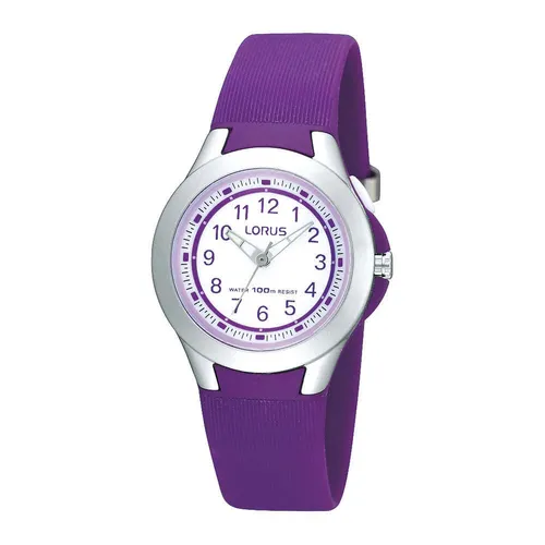 Lorus Kinderuhr R2313FX9 - Violett/Weiß - Kinderuhr in Violett und Weiß, mit robustem Mineralglas und wasserdicht bis 10 ATM – ideal für aktive Kinder.