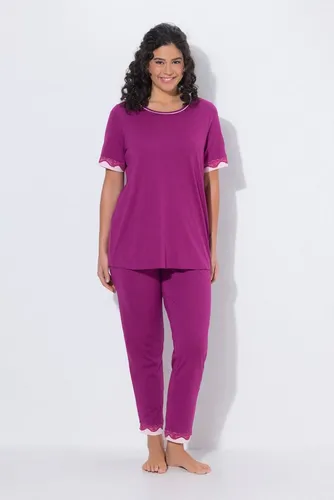 Ulla Popken Damen Pyjama große Größen, Spitzenkanten, Rundhals, Halbarm, Beere 62+ - Bequemer Zweiteiler in Übergrößen mit feinen Spitzenkanten und elastischem Bund. Ideal für entspannte Nächte, gefertigt aus extraweicher Modal-Baumwollmischung.