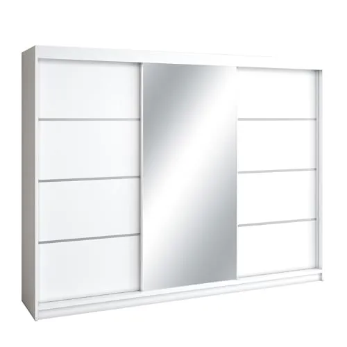 BEAUTY SOFA Mars Meble Mono Kleiderschrank mit Spiegel, Garderobe mit Hochglanz, Schwebetürenschrank mit Schubladen, Schiebetür Garderobenschrank, Schiebetür Schrank, Schwebetürenschrank 200cm, Weiß