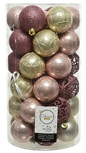 dekorativer bruchfester Kugelmix als 37er Set Weihnachtskugeln Baumkugeln bruchfest für innen und außen Durchmesser 6 cm in verschiedenen Oberflächen und Mustern (puderrosa samtpink Gold)
