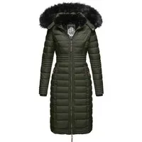 Navahoo Damen Wintermantel Umay in Olive, Gr. S - Funktionsjacke mit abnehmbarer Kapuze und warmem Kunstpelz, ideal für kalte Tage dank dickem Innenfutter und tailliertem Schnitt für eine tolle Figur.