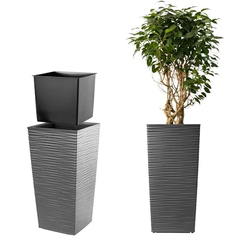 KADAX Pflanzkübel mit Innentopf, Höhe 75.5cm, Grafit – Wetterfester Blumentopf für Innen & Außen, ideal für Garten, Balkon & Terrasse, zum Bepflanzen, Dekorieren und als stilvoller Übertopf