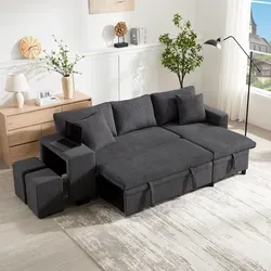 okwish L-förmiges umbaubares Ecksofa 3-Sitzer-Umbausofa mit USB-Ladeanschluss und Kissen,Klappsofa mit Schlaffunktion und Seitenablagen,Grau - Grau