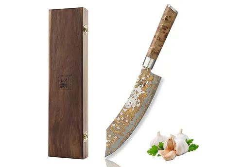 MysticMagma Blockmesser I 20 cm Damaststahl mit Ahornwurzelholz-Griff - Küchenmesser aus 67 Lagen Damaststahl, ergonomischer DualCurve Griff aus Ahornwurzelholz für perfekten Halt und Kontrolle, geliefert in edler Holzbox.