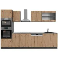 Vicco Küchenzeile R-Line 300 cm, Artisan Eiche/Anthrazit - Modulare Küchenzeile mit Hochschrank und eleganter Marmor-Arbeitsplatte, ideal für individuelle Küchenlösungen und anpassbar an Ihre Raumhöhe.