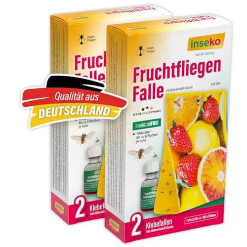 inseko 2X Fruchtfliegenfalle Set – Obstfliegenfalle für die Küche – inkl. Lockmittel & 2 Klebefallen – Sicher & Nachhaltig gegen Fruchtfliegen – Made in Germany