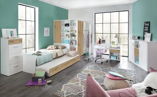 Jugendzimmer Set Joker in Weiß und Artisan Eiche – 8-teilig mit Bett, Schreibtisch, Kleiderschrank und Regal - Modernes Jugendzimmer Set in Weiß und Artisan Eiche, ideal für Jungen und Mädchen. Flexibel gestaltbar mit praktischem Eckkleiderschrank und höhenverstellbarem Schreibtisch für optimale Raumnutzung.