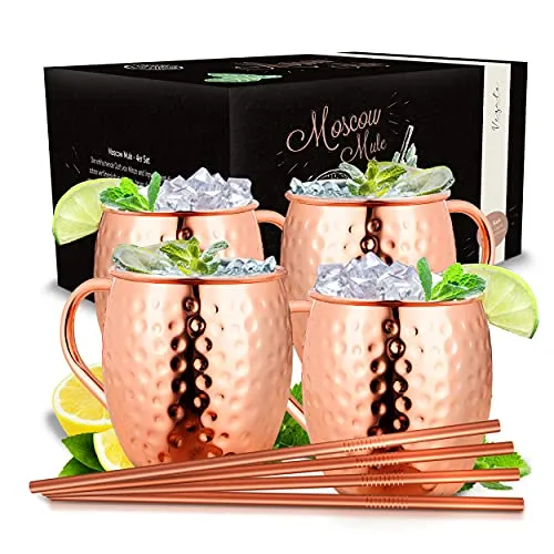 Vezato Moscow-Mule-Becher Set [500ml] – Handgemachte Kupferbecher mit Strohhalmen - Bechersets mit 4 gehämmerten Kupferbechern und umweltfreundlichen Edelstahl-Strohhalmen für ein perfektes Cocktail-Erlebnis. Getränke bleiben länger kalt!