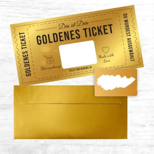 PRECORN Gutschein Rubbelkarte mit Umschlag – Goldenes Ticket zum selber beschriften – Kreative Geschenkidee für Geburtstag, Freundin, Frauen, Reisegutschein, Kinogutschein