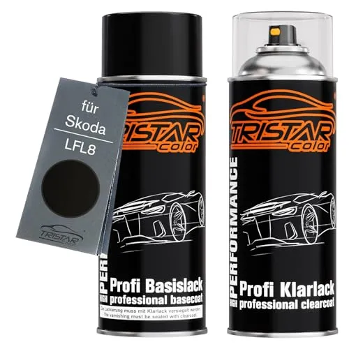 TRISTARcolor Autolack Spraydosen Set für Skoda LFL8 Black Metallic Basislack Klarlack Sprühdose 400ml