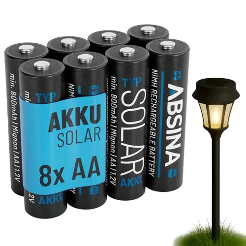 ABSINA 8X Solar Akku AA wiederaufladbar 800mAh 1.2V NiMH - Aufladbare Batterien AA für Solarleuchte - Solarbatterie, AA Akku für Solarlampen, Akkus AA, Wiederaufladbare Batterien AA