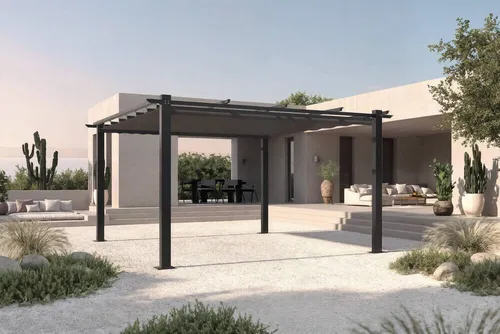 OUTFLEXX Pavillon aus Aluminium mit Air-Vent System - Elegante Pergola in Anthrazit, gefertigt aus langlebigem Aluminium und Polyester. Mit integriertem Air-Vent System für optimale Luftzirkulation und pflegeleichter Handhabung – ideal für entspannte Stunden im Freien.