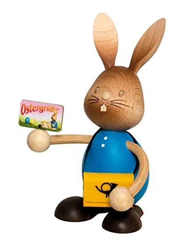 Drechslerei Kuhnert - Osterhase Stupsi als Postbote - 12 cm aus Holz - Holzfiguren: Niedlicher Stupsi Hase als Postbote, 12 cm hoch, handgefertigt und Made in Germany - ein einzigartiges Stück Erzgebirgskunst für Ihre Osterdekoration.