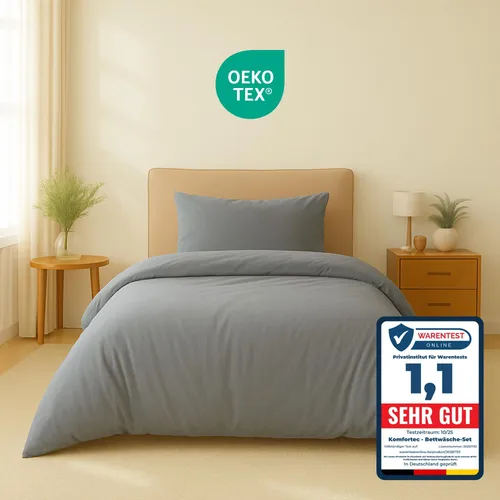 Komfortec Premium Bettwäsche 155x220 cm Bettbezug + 40x80 cm Kissenbezüge, gebürstet 100% Polyester-Mikrofaser 120 g/m², Bettwäsche-Set, Grau
