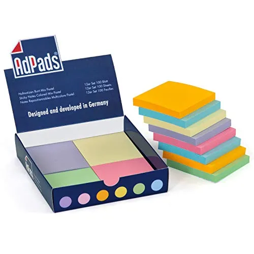 AdPads® selbstklebende Haftnotizzettel | 75 x 70mm, 12 Blöcke à 100 Blatt, Set Bunt Pastellfarbe | Große Sticky Notes Box
