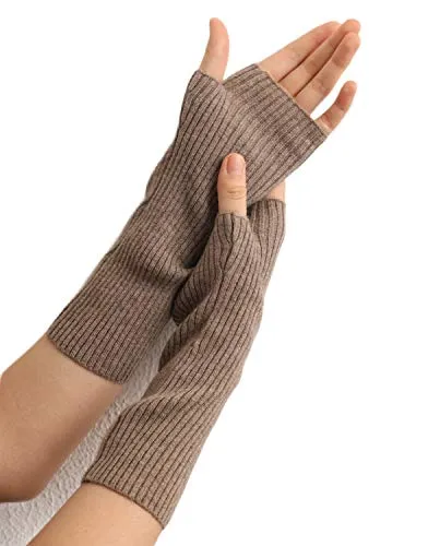 Prettystern Damen mid-lange Kaschmir Pulswärmer Arm-Stulpen fingerlose Ripp-Strick Handschuhe Braun