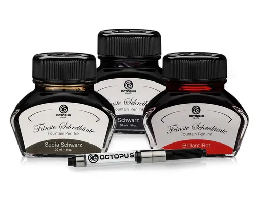 OCTOPUS Fluids Tinten Set 3 x 30ml – Schwarz, Sepia, Brillant Rot - Hochwertiges Tinten-Set mit 3 x 30 ml für Füllhalter, inklusive praktischen Tintenkonverter. Ideal für individuelles Schreiben mit brillanten Farben und optimalem Fluss. MADE IN GERMANY.