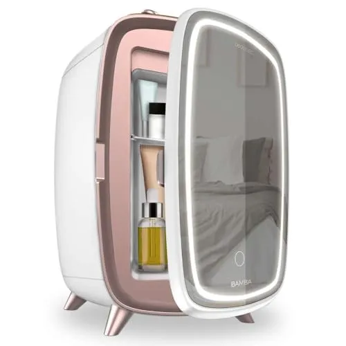 Cecotec Kosmetik Mini-Kühlschrank Bamba CoolingBeauty 6000 Mirror - Kompakter 6L Kosmetik-Kühlschrank mit Spiegel-Tür und LED-Licht in 3 Intensitäten. Hält Ihre Schönheitsprodukte frisch bis 10 °C. Leiser Motor und praktischer Tragegriff für einfachen Transport.
