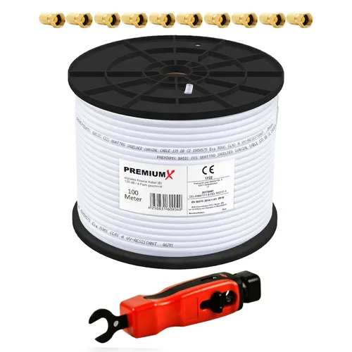 100m Koaxialkabel 135dB - 4-fach Schirmung für FULL HDTV - HiFi-Kabel mit 135 dB und 4-facher Schirmung für störungsfreien Empfang. Ideal für UltraHD 4K und 8K, inklusive 10 F-Stecker mit Dichtring.