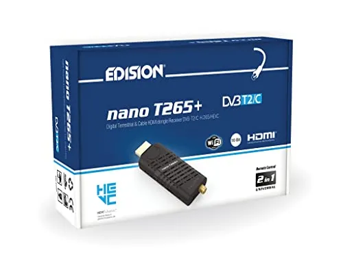 Edision Nano T265+ HDMI Dongle Receiver - TV-Receiver für DVB-T2 und DVB-C, ideal für den Empfang freier Sender. Highlight: Universal 2in1 Fernbedienung für TV & Receiver, USB WiFi Unterstützung für Apps und Updates.