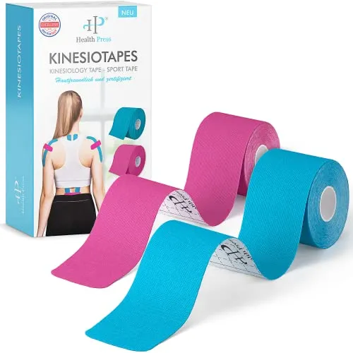 Health Press Kinesiotapes – 2 Rollen Sport Tape Blau & Rosa - Medizinische Tapes & Zubehör – Hautfreundliches Kinesiologie Tape, dermatologisch getestet und wasserfest für langanhaltende Haftung und optimale Unterstützung beim Sport.
