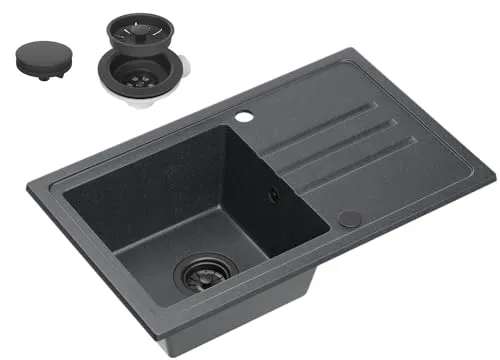 VBChome Granitspüle Schwarz 70 x 44 cm - Moderne Einzelbecken Einbauspüle aus hochwertigem Granit, reversibel einbaubar und mit praktischer Abtropffläche – ideal für jede Küche.