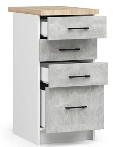 BDW - Küchenschrank Weiß/Beton - Schrank Küche mit Arbeitsplatte und Schubladen - Schrank 40 cm breit, 85 cm hoch - Küchenschränke Einzeln, Küchenmöbel Einzelteile