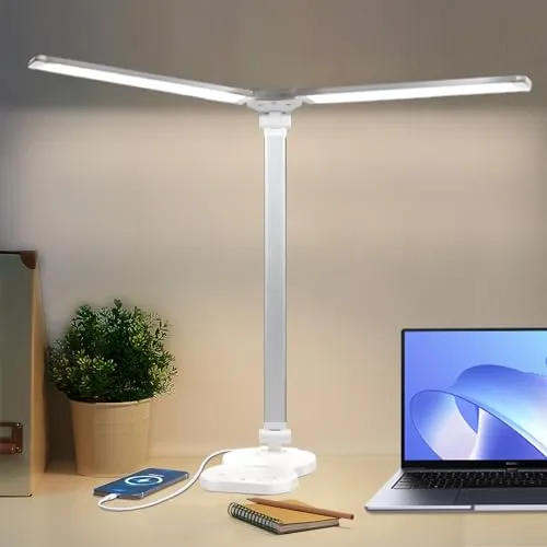 LQWELL® Doppelkopf-Schreibtischlampe LED Dimmbar - Schreibtischlampe mit Doppelschwenkarm, 5 Farbmodi und 10 Helligkeitsstufen für augenschonendes Lesen, inkl. USB-Ladeanschluss und praktischer Memory-Funktion.